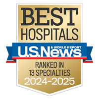 U S  News and World Report badge recognizing UCSF's ranking among the leading hospitals in 13 specialty areas for 2024 to 2025 